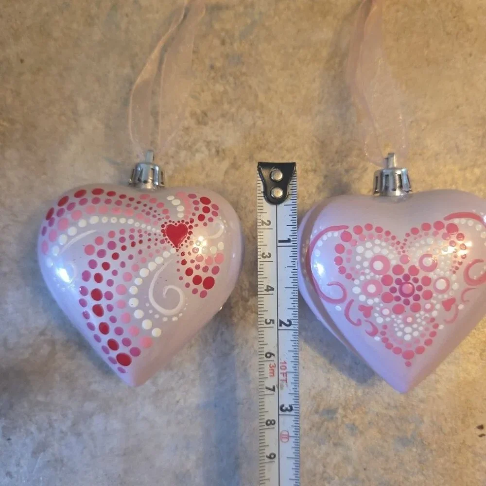 2 Mandala Pink Heart Ornaments Signed Hand Painted Art Puffy Valentines Day Gift